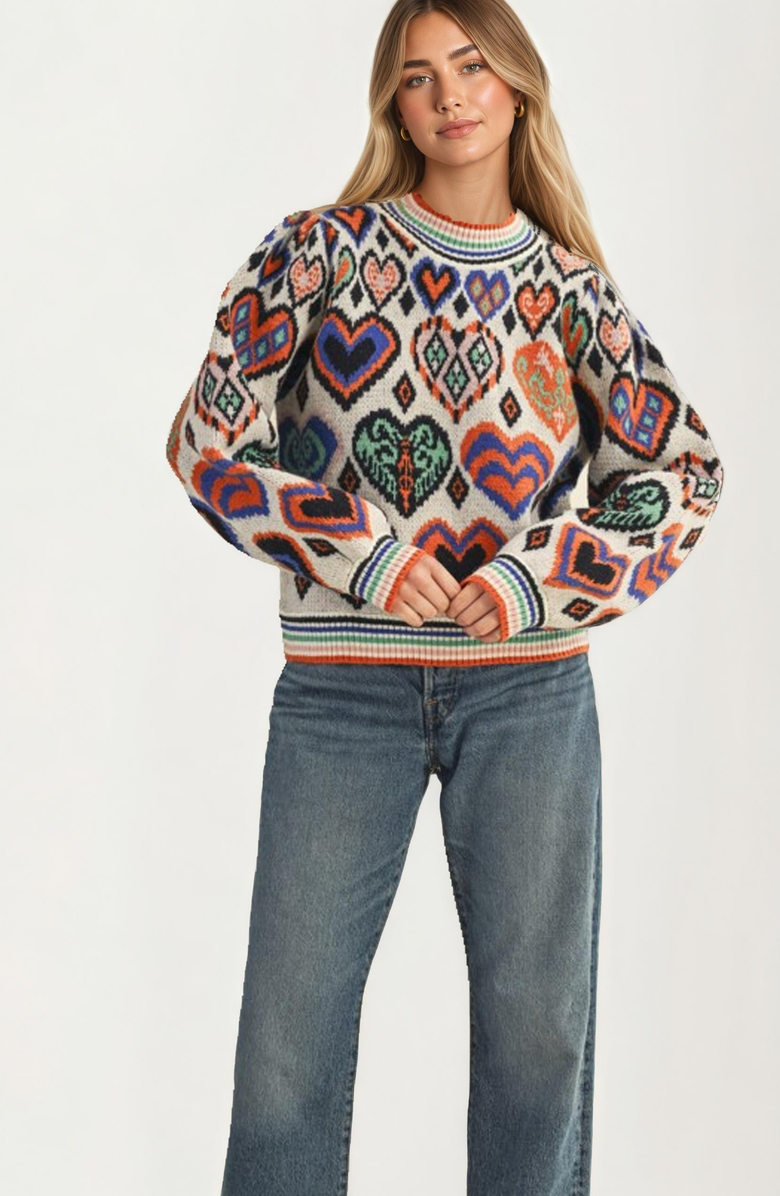 Knit and Lounge Colorful Heart Print Knit Sweater, Alternate, color, 