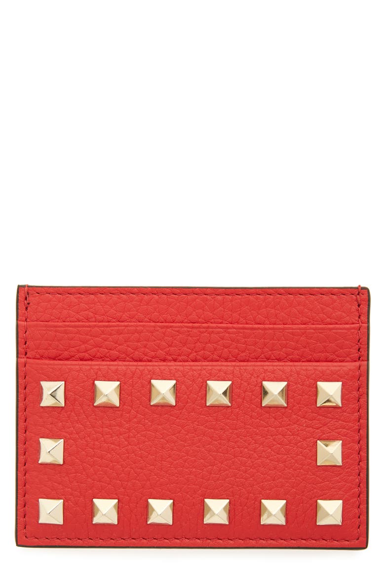 Rockstud Calfskin Leather Card Holder, Main, color, ROUGE PUR