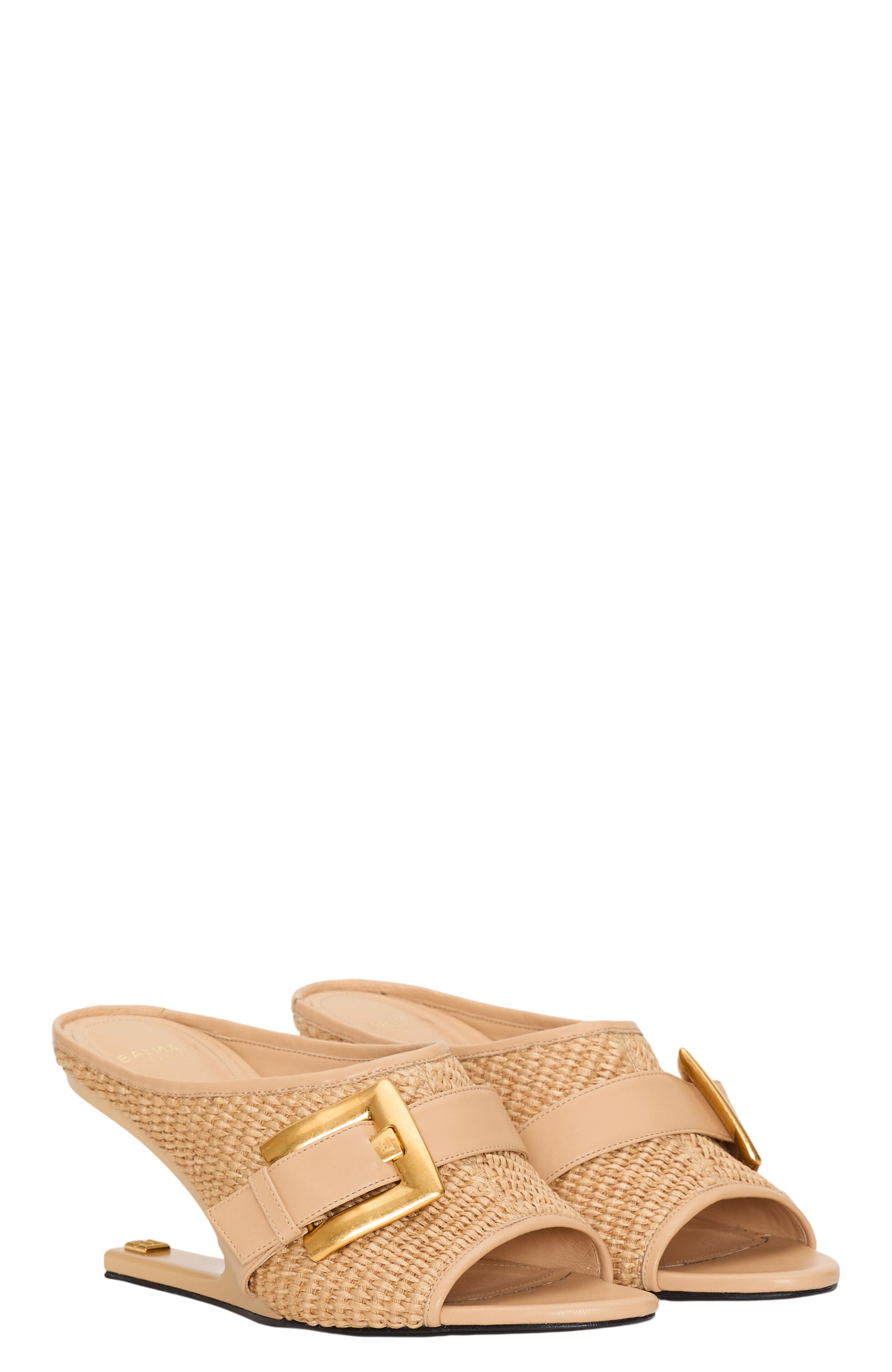 Balmain Anthem No Wedge mules in smooth leather and raffia, Main, color, Beige
