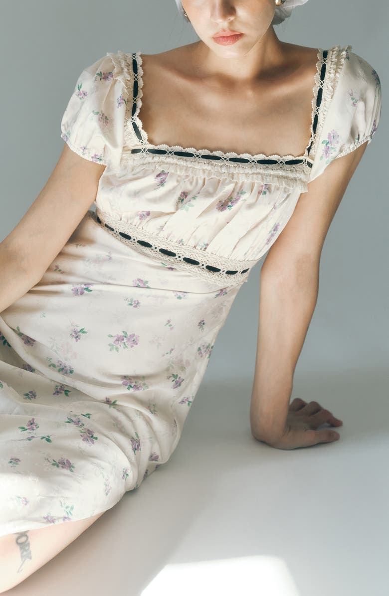 MAUDE CLUB Bambi Ditsy Floral Lace Trim Open Back Dress, Alternate, color, Blossom Print