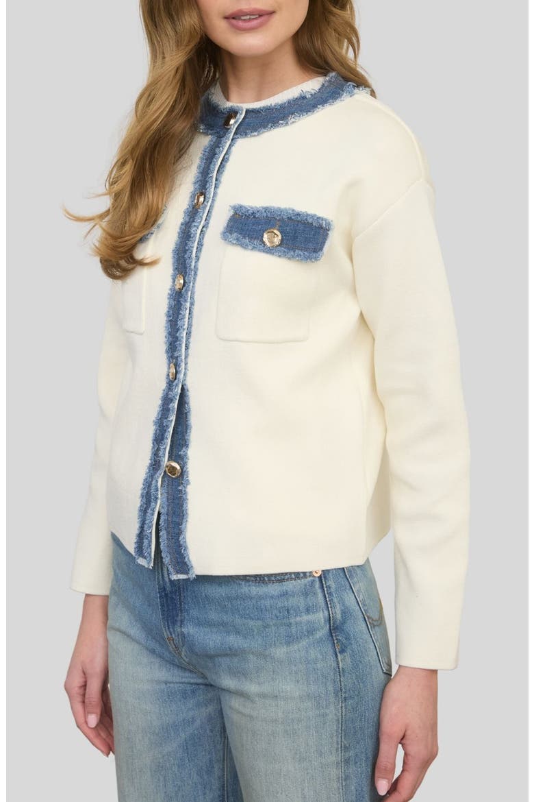 Frayed Denim Trim Knit Jacket, Alternate, color, IVORY DENIM