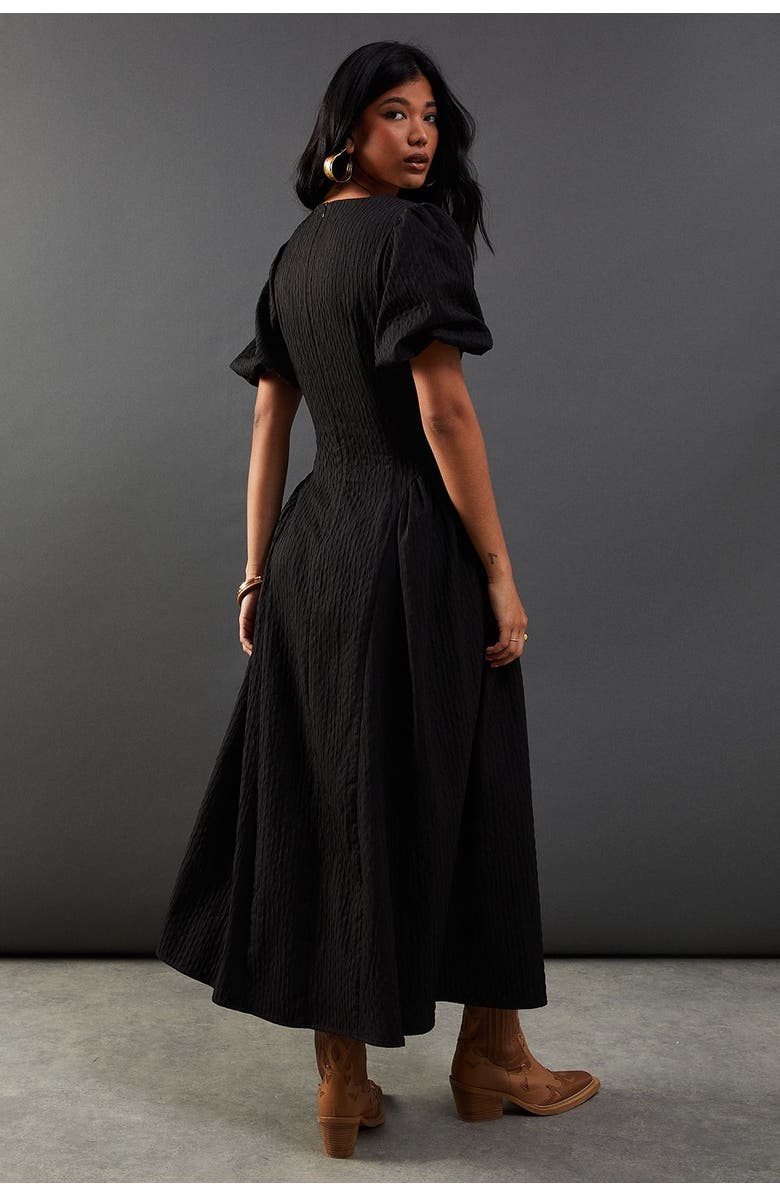 Warehouse Seersucker Puff Sleeve Midi Dress, Alternate, color, Black