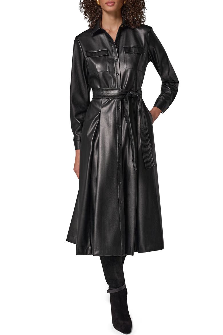 Faux Leather Belted Shirtdress, Main, color, BLACK