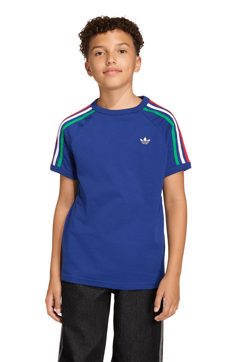 Kids' 3-Stripes Cotton T-Shirt, Alternate, color, VICTORY BLUE/ LIGHT GOLD