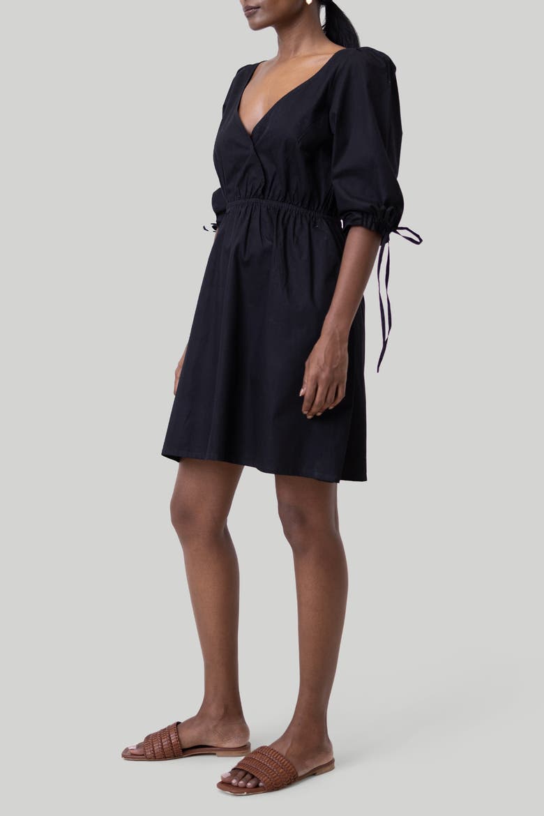 Gathered Elbow Sleeve Short Dress, Alternate, color, Black