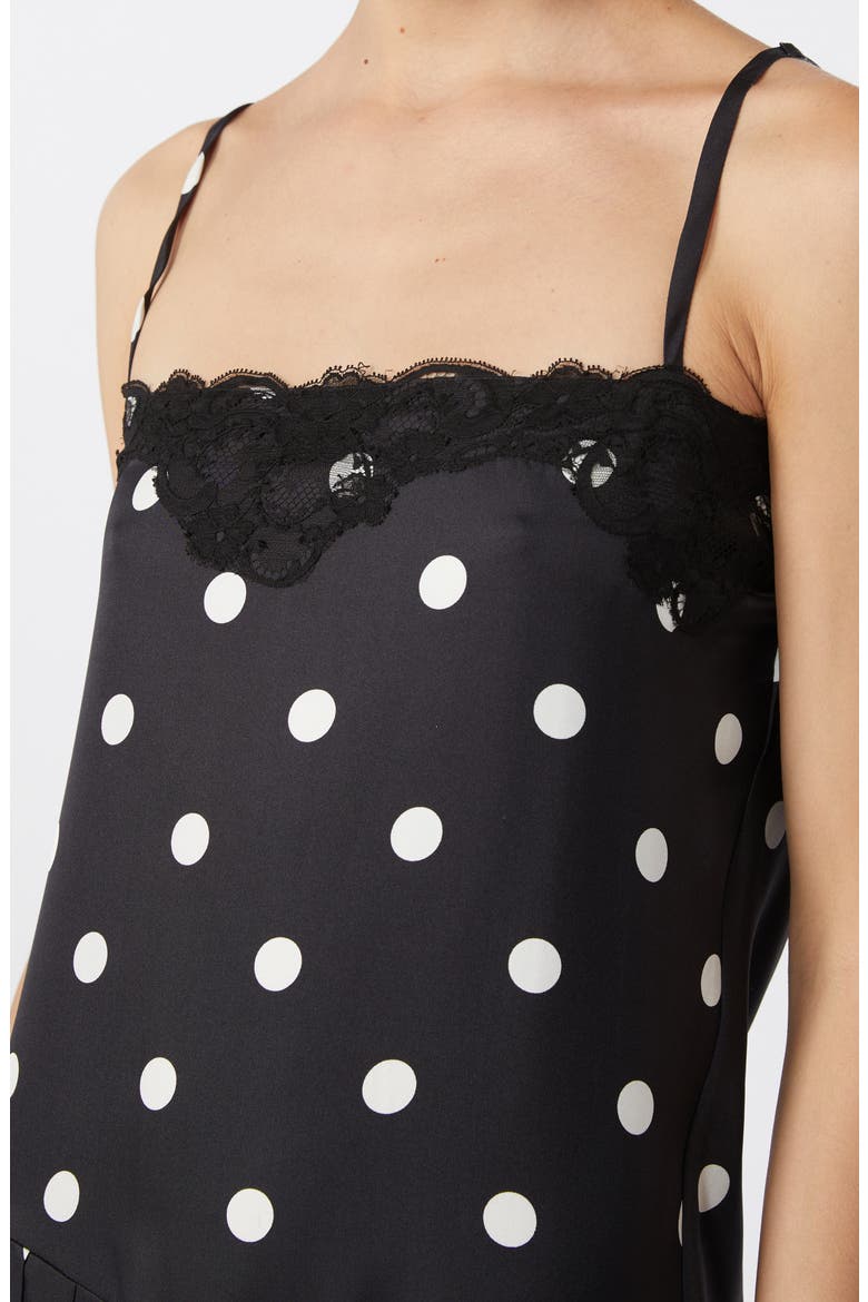 Capo Polka Dot Lace Trim Silk Slipdress, Alternate, color, BLACK
