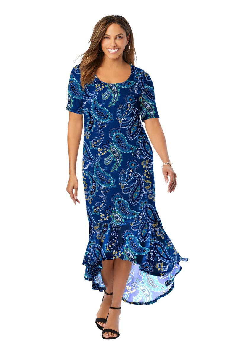 Jessica London Stretch Knit Flounce Hem Maxi Dress, Main, color, Dark Sapphire Playful Paisley