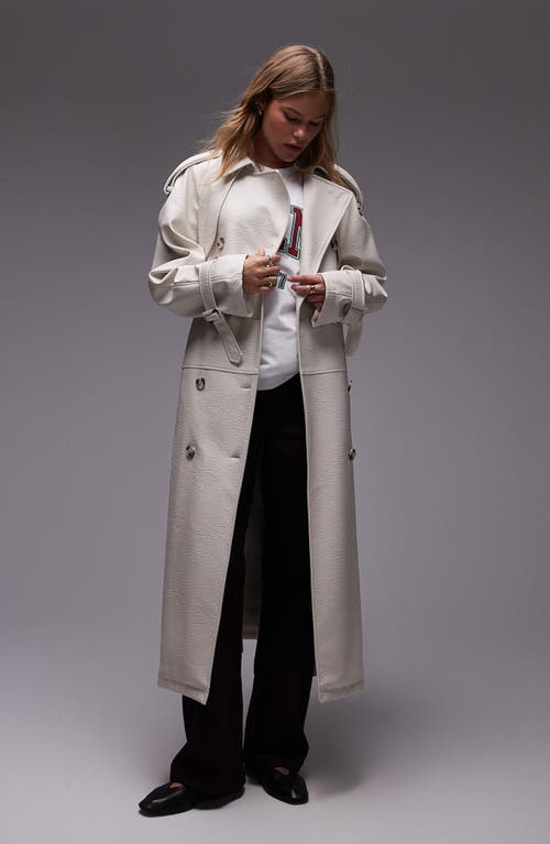 Topshop Belted Faux Leather Trench Coat In Beige
