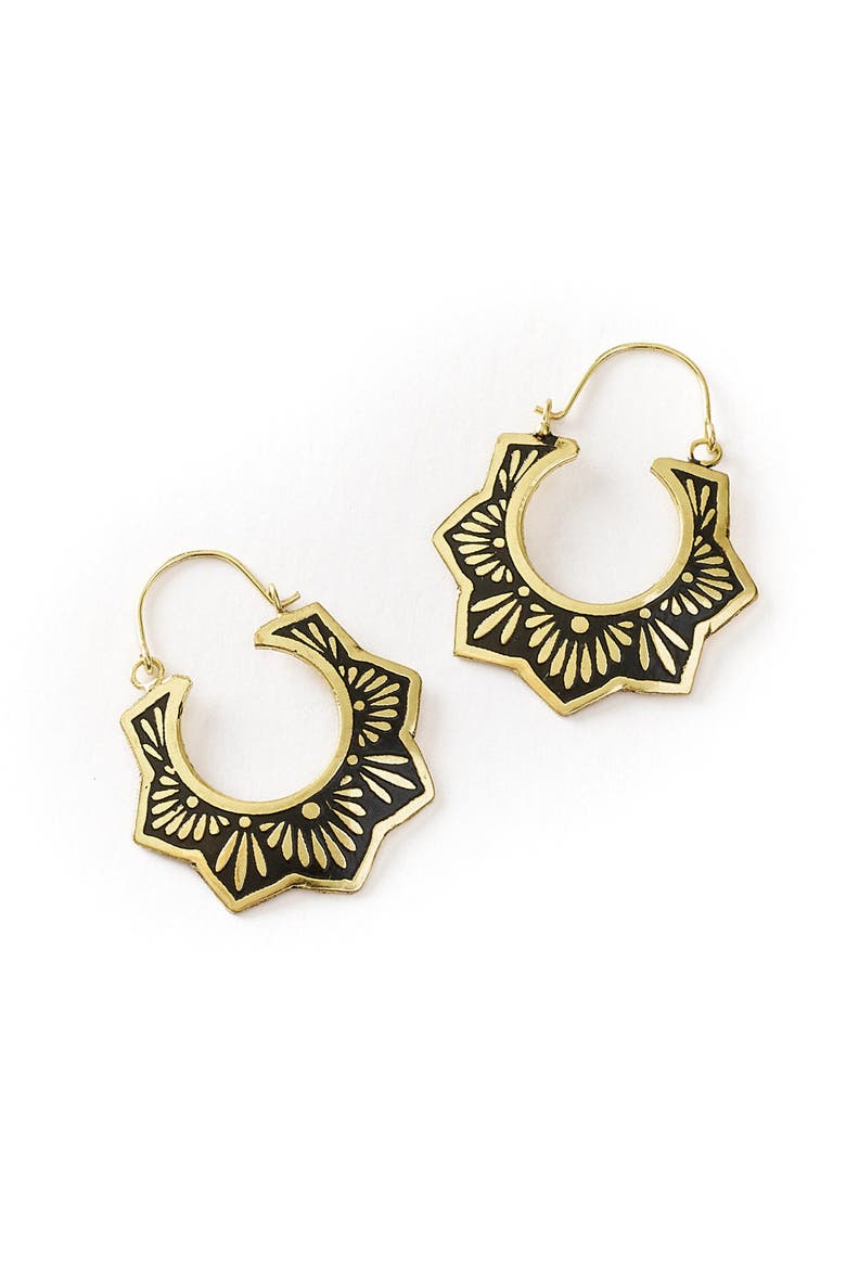 Nisha Lotus Hoop Earrings, Main, color, Black