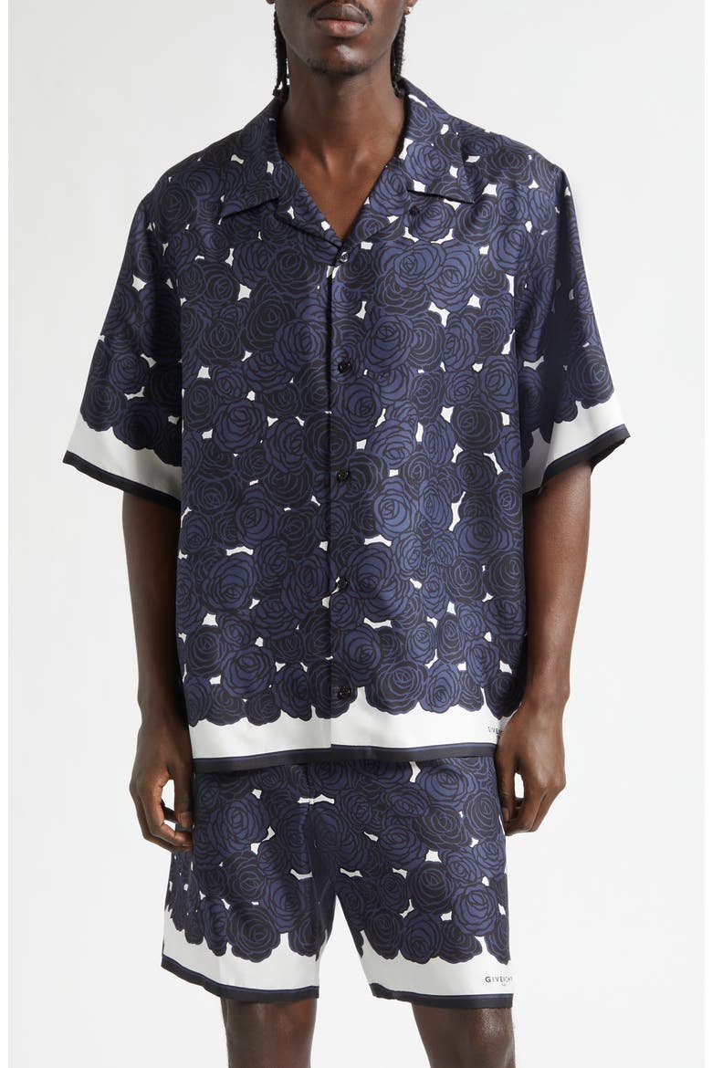 Rose Print Silk Twill Camp Shirt, Main, color, DARK NAVY
