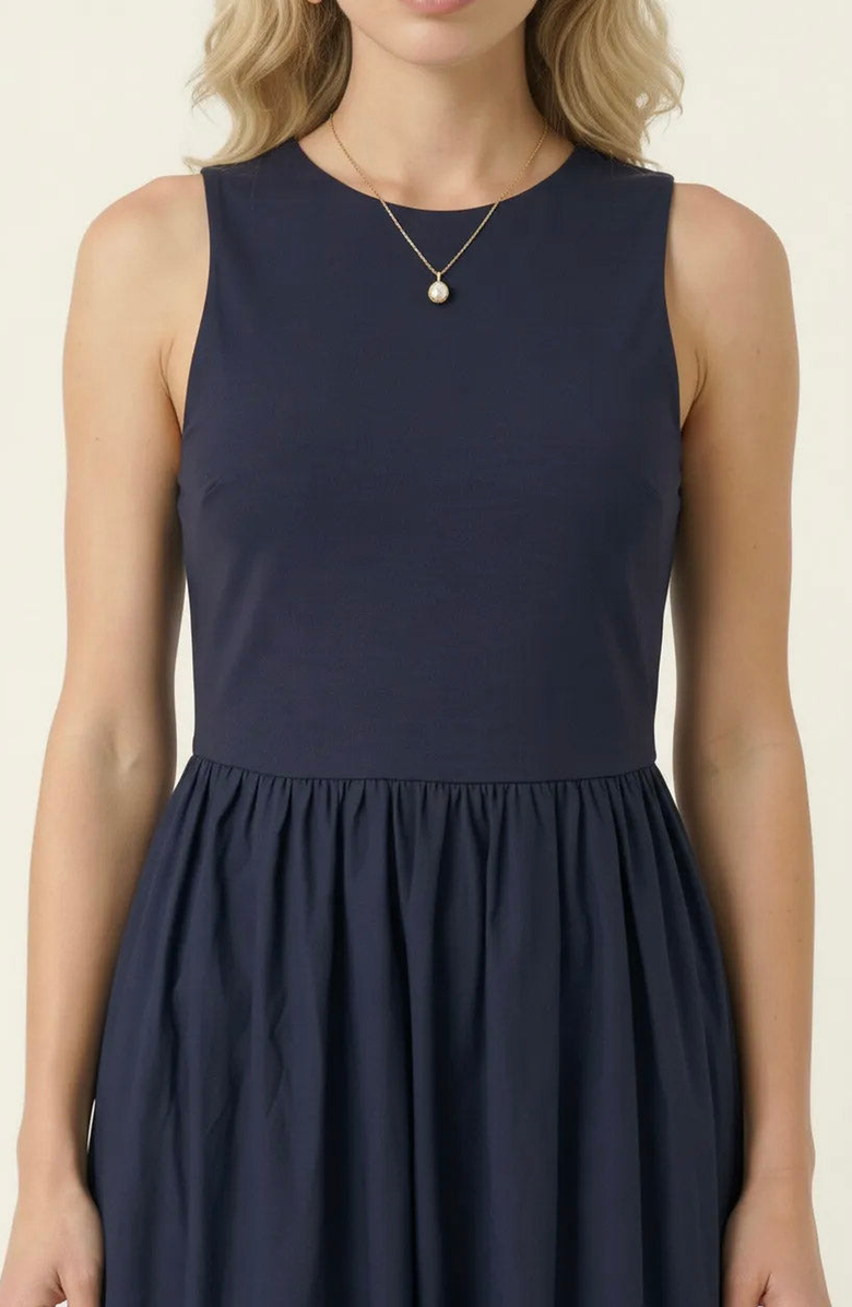 Modenaire Sleeveless Crewneck Midi Dress with Gathered Waist and Pockets, Alternate, color, Navy Blue