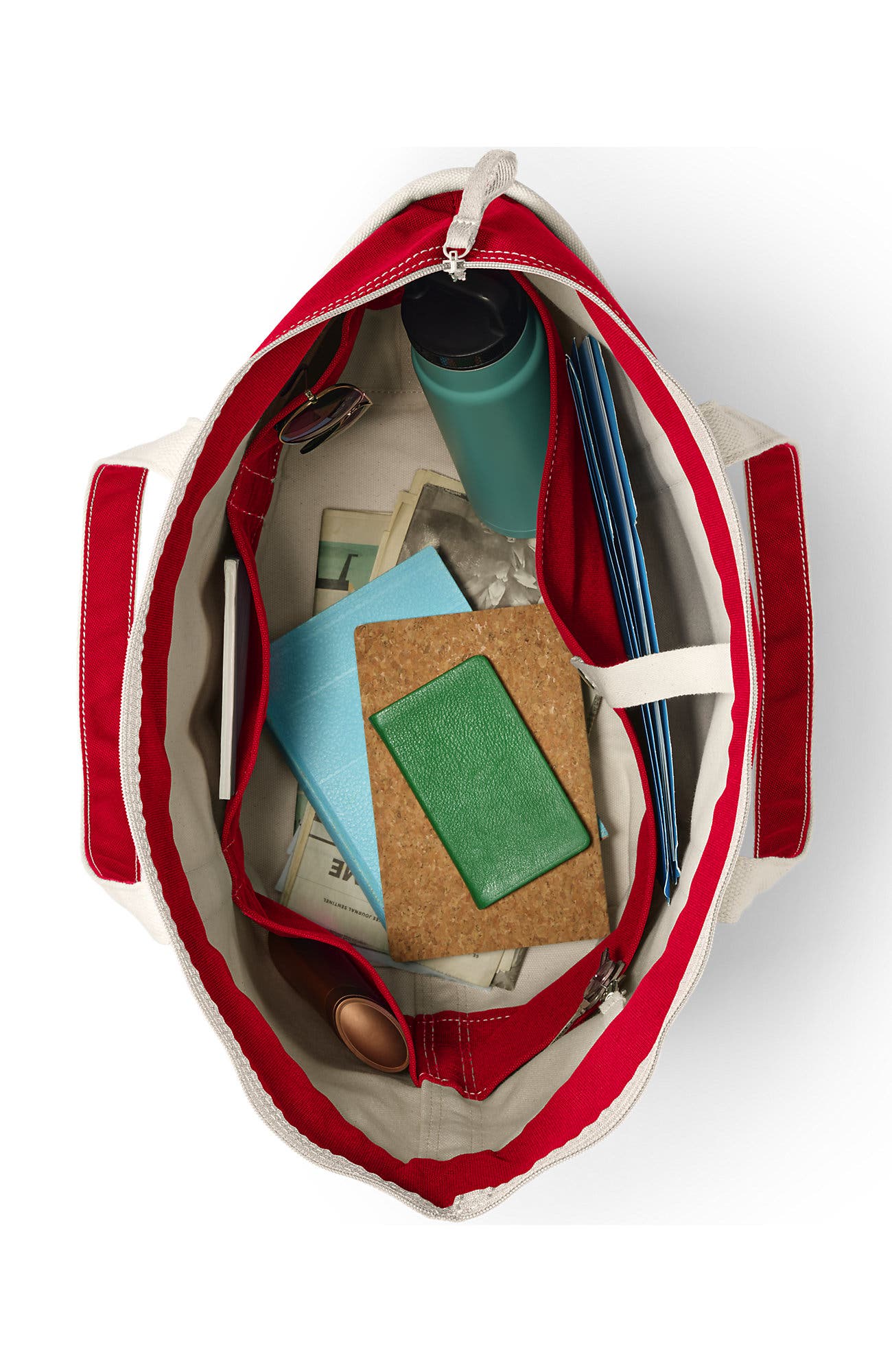 Lands' End Zip Top Canvas Tote Bag, Alternate, color, Natural/Heritage Red