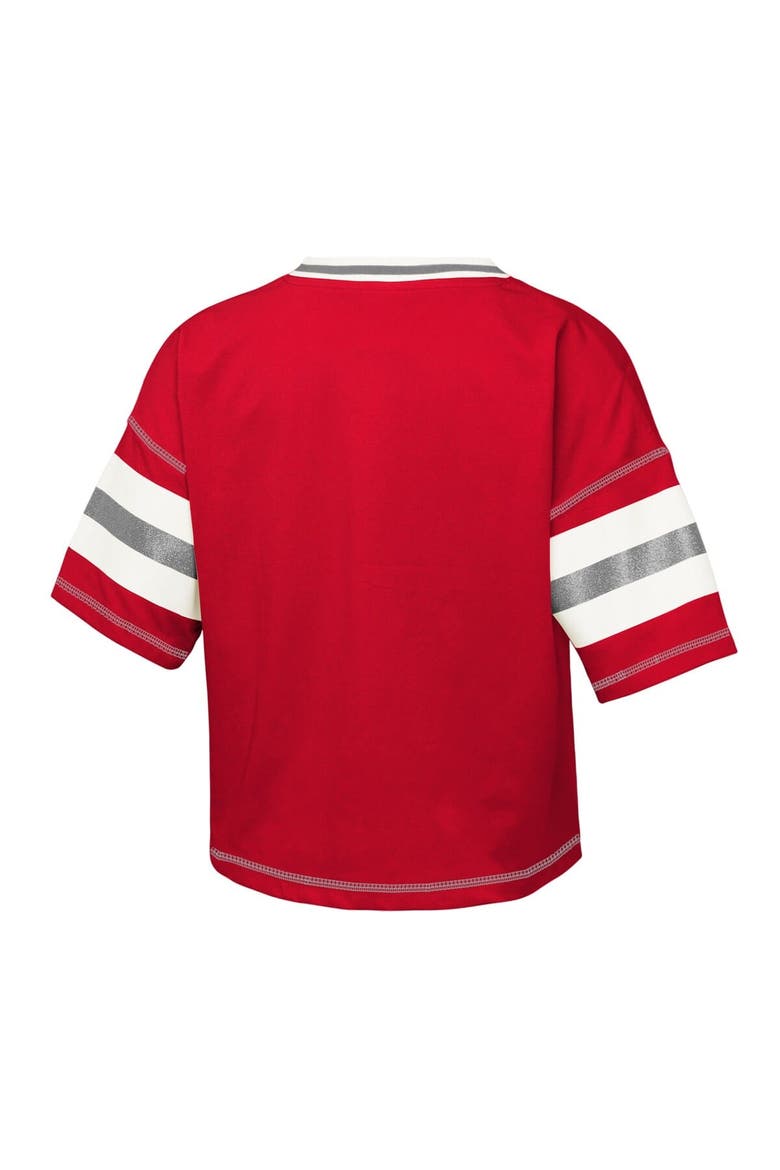 Girls Youth Outerstuff Scarlet Ohio State Buckeyes Gridiron Jersey V-Neck T-Shirt, Alternate, color, Scarlet