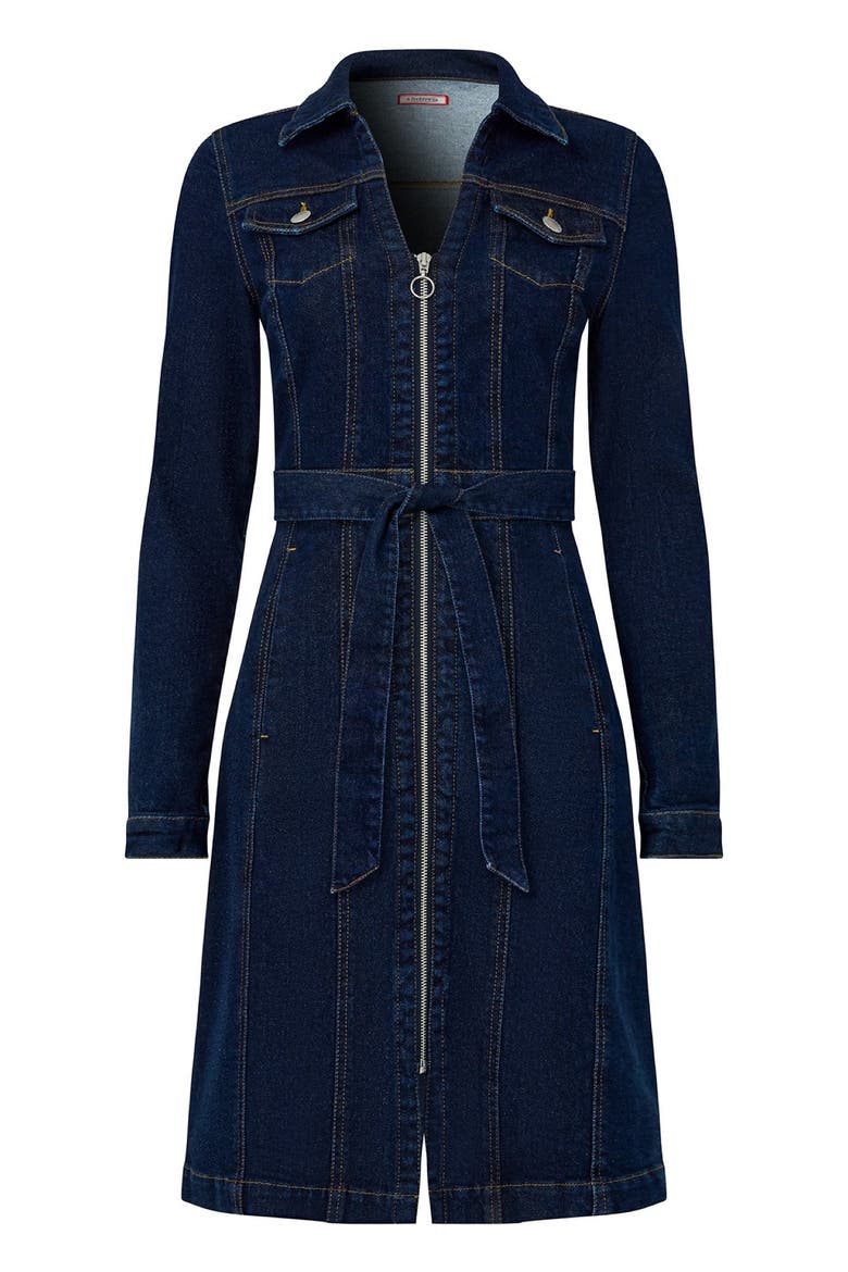 Belted Stretch Denim Dress, Alternate, color, DARK BLUE