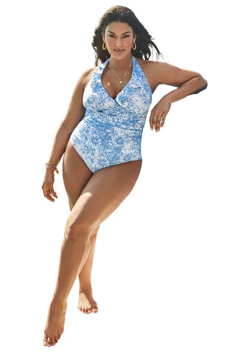 Swimsuits For All Ruffle V-neck One Piece Swimsuit In Blue