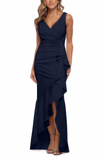 Betsy & Adam V-Neck Cascade Ruffle High-Low Gown