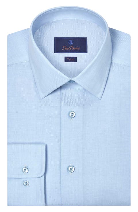 Trim Fit Light Blue Cotton & Cashmere Twill Dress Shirt