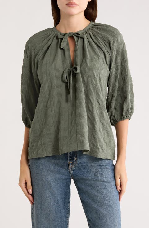 Tie Keyhole Puff Sleeve Top