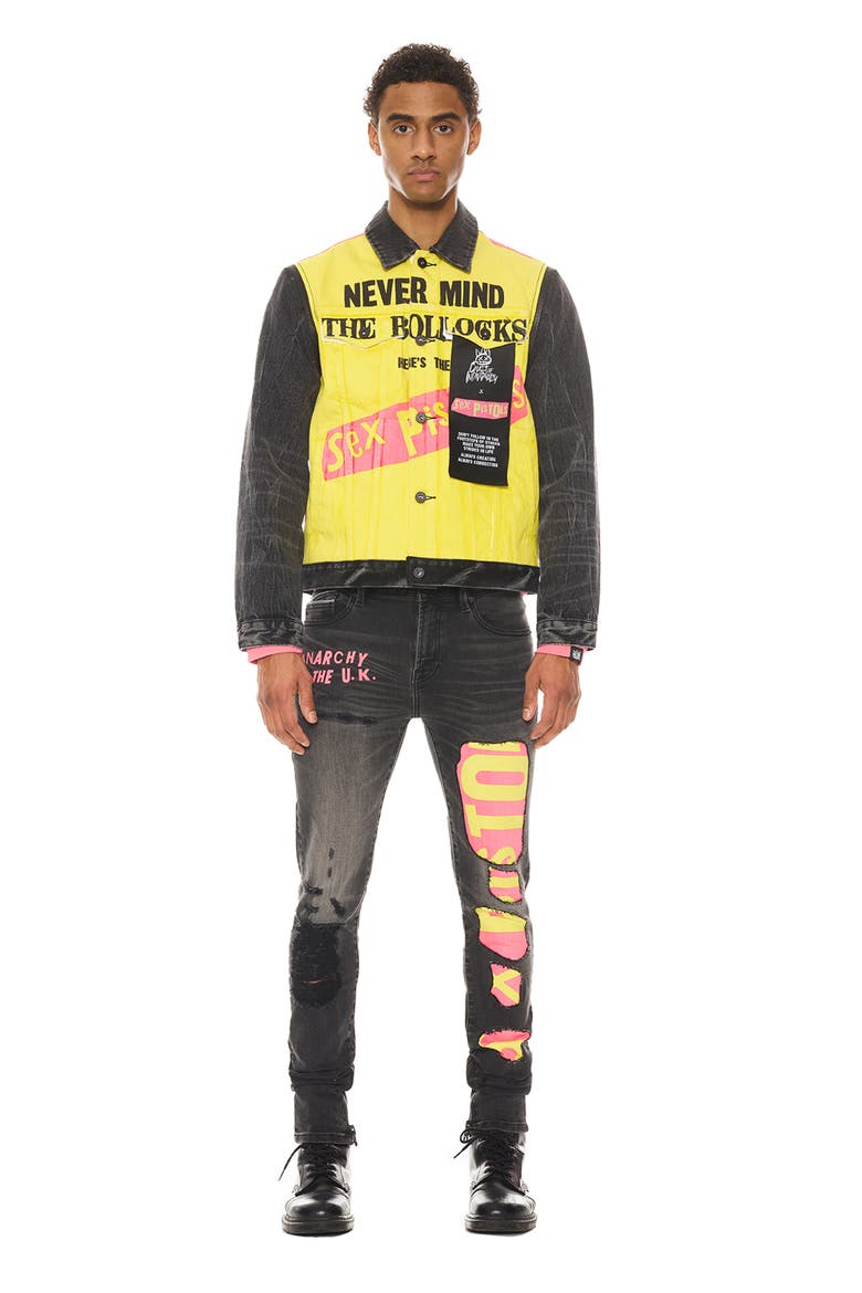 Punk Sex Pistols Distressed Rigid Super Skinny Jeans, Alternate, color, BOLLOCKS