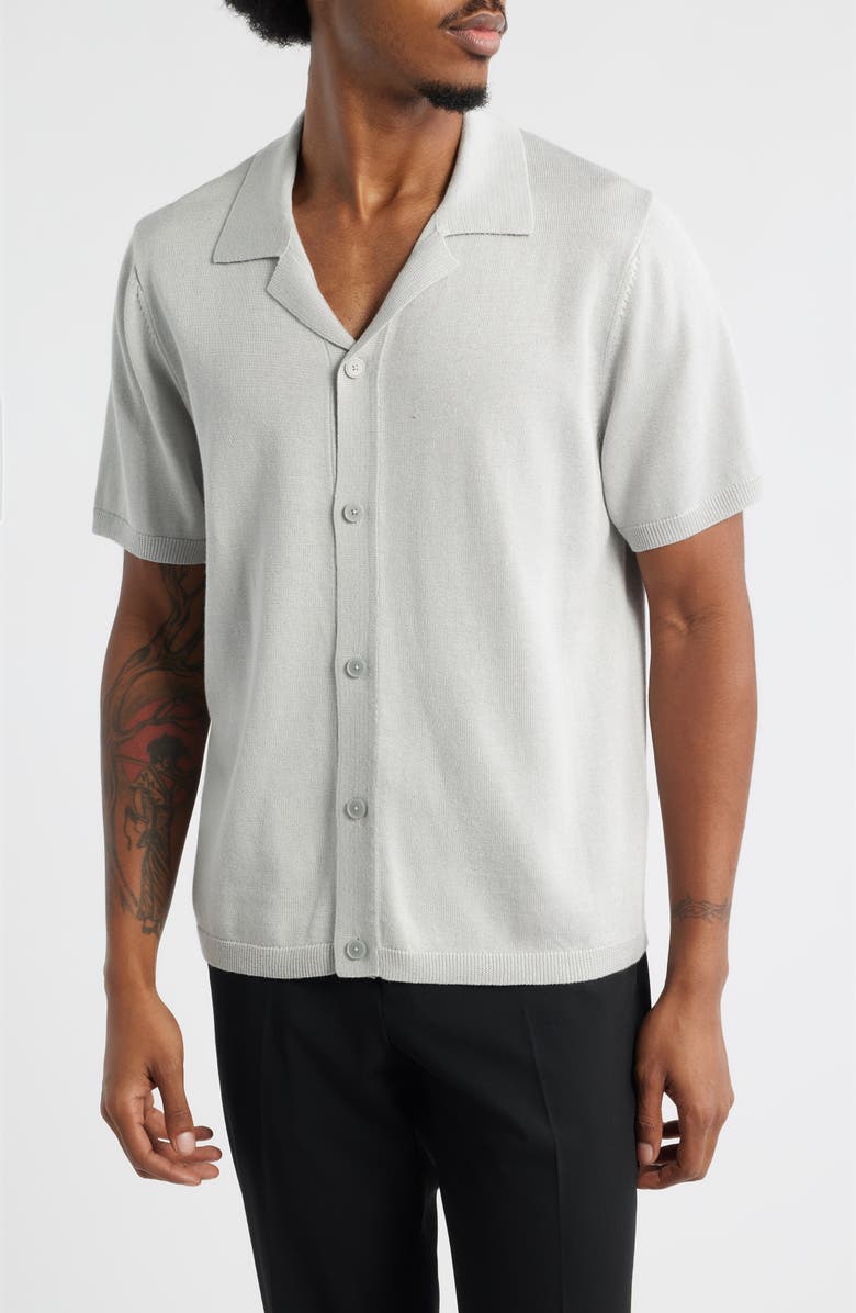 Open Edit Camp Short Sleeve Button Up Sweater, Main, color, Grey Violet