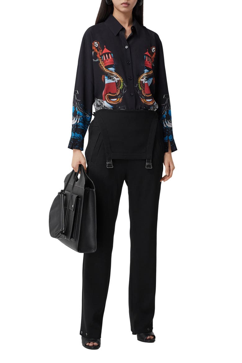 Carlota Mermaid Button-Up Silk Blouse, Alternate, color, BLACK IP PAT
