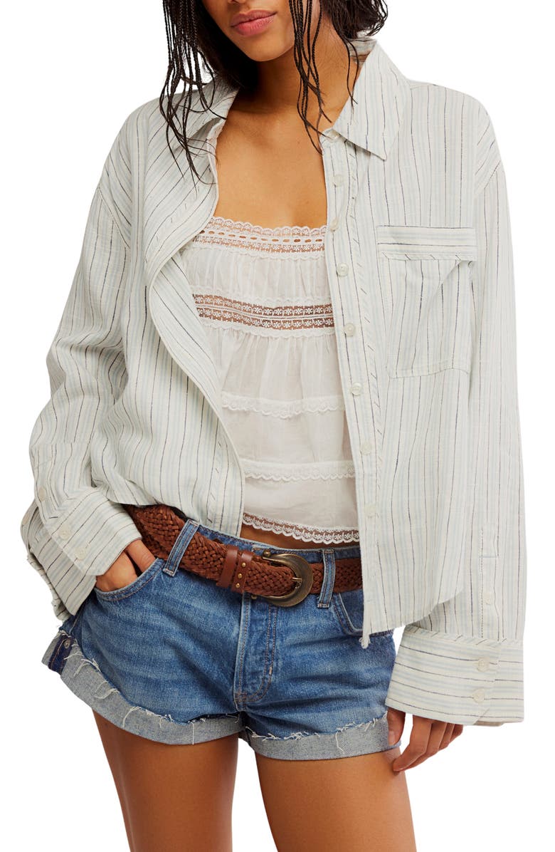 Free People Laurel Linen Blend Button-Up Shirt, Main, color, Ivory Combo