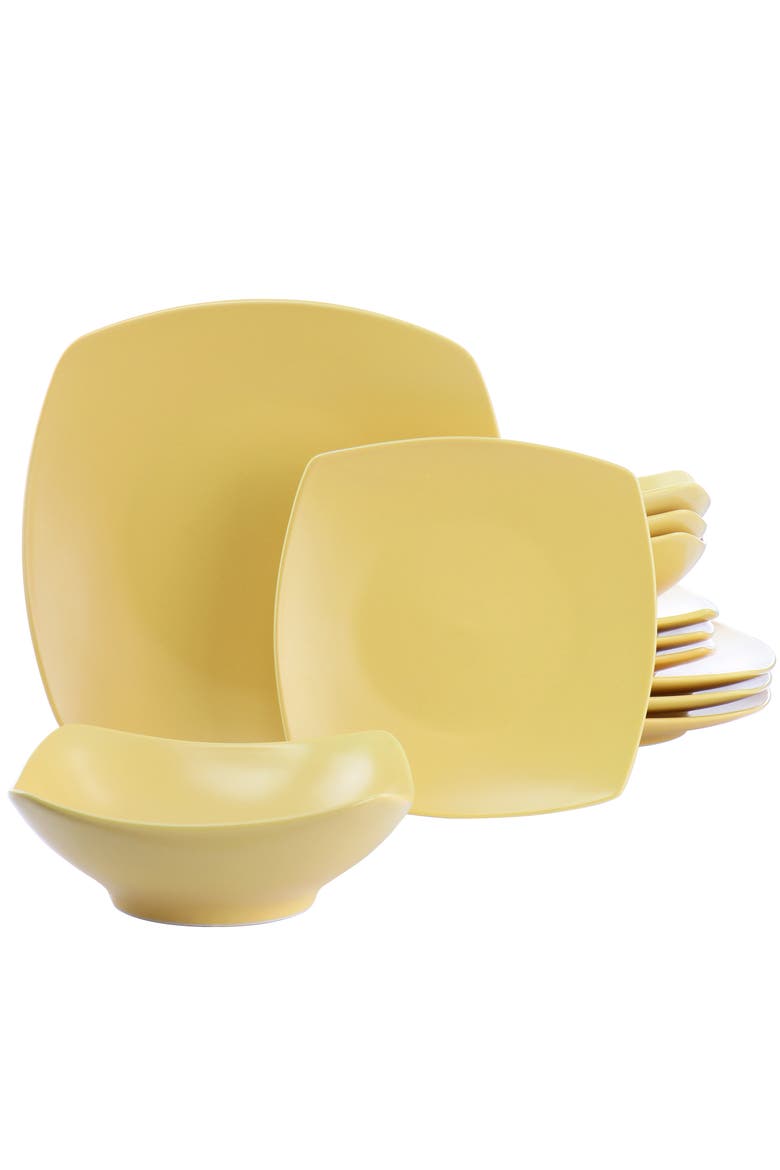 12 Piece Square Fine Ceramic Dinnerware Set, Main, color, Yellow