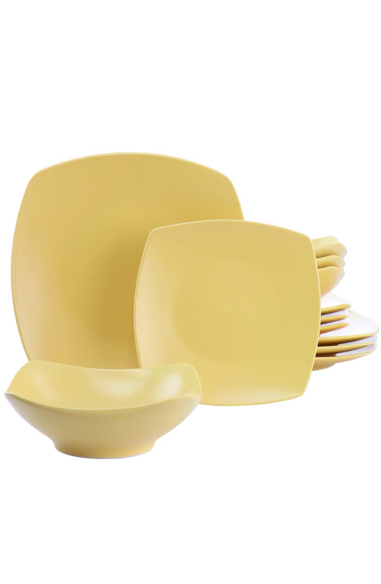 Gibson Home Zen Buffetware 12 Piece Square Fine Ceramic Dinnerware Set, Main, color, Yellow