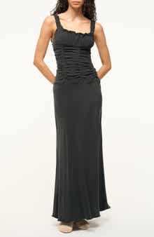STAUD Nic Ruched Sleeveless Silk Maxi Dress