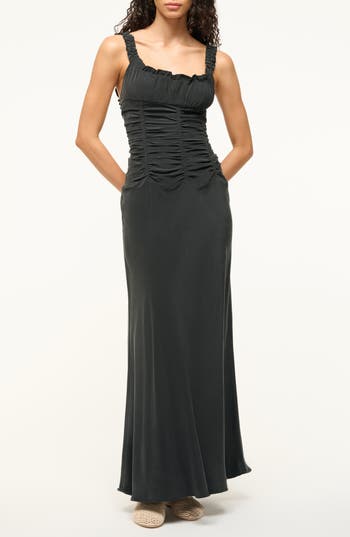 Staud Nic Ruched Sleeveless Silk Maxi Dress In Black