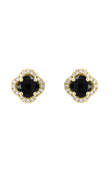 14K Yellow Gold Onyx Clover & Diamond Halo Earrings