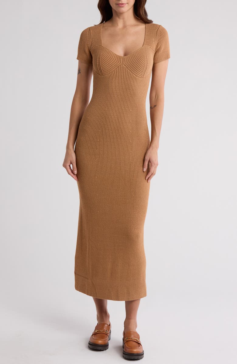 STAUD Camden Short Sleeve Maxi Sweater Dress, Main, color, Camel