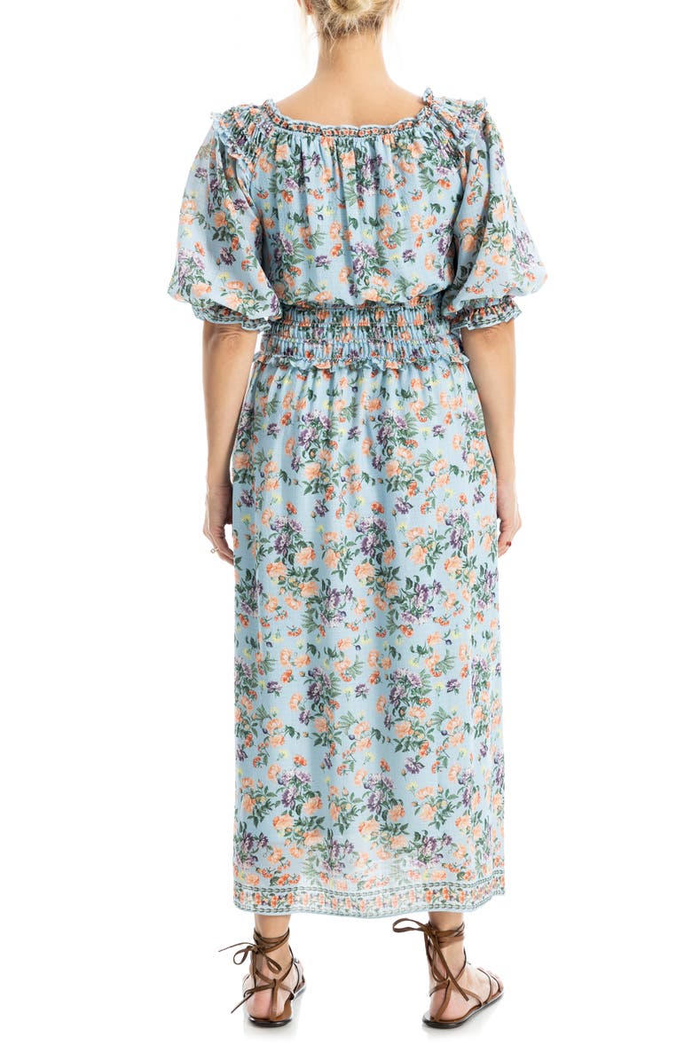 MAX STUDIO Puff Sleeve Smocked Waist Midi Dress, Alternate, color, Blue/ Peach Bouquet
