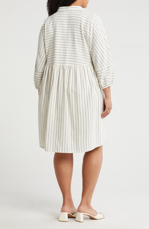 Shop Caslon ® Long Sleeve Linen Blend Shirtdress In White- Grey Ebony Lena Stripe