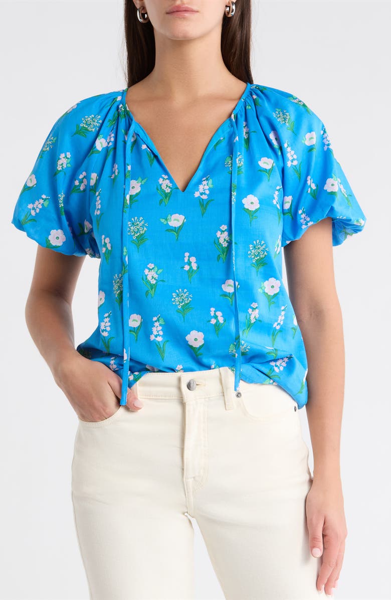 SUGARLIPS Jazleen Floral Print Puff Sleeve Top, Main, color, Blue White Green