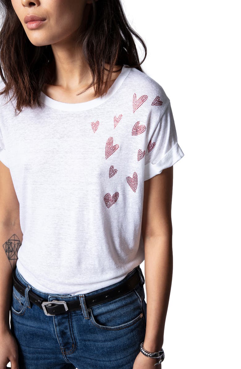 Zadig & Voltaire Anya Beaded Hearts Linen Blend T-Shirt, Alternate, color, 