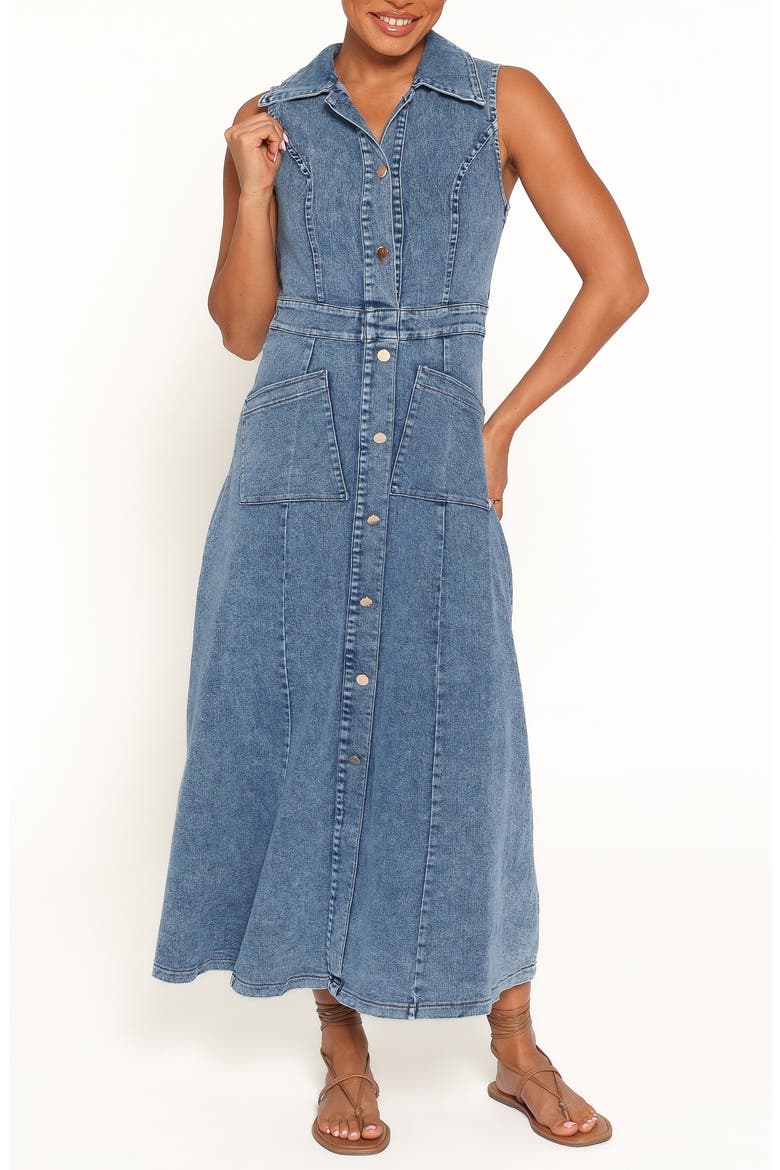 Jye Sleeveless Denim Maxi Dress, Main, color, MED DENIM
