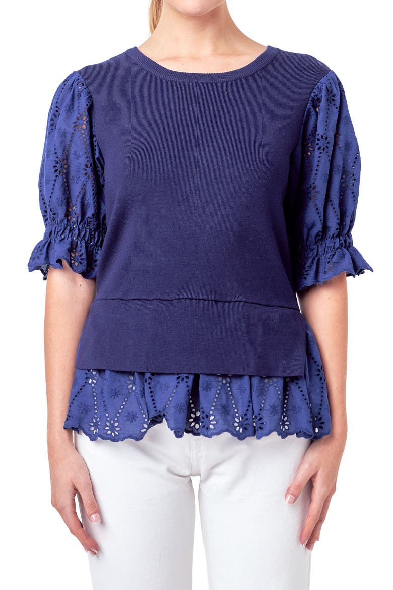 Mixed Media Eyelet Puff Sleeve Peplum Top, Alternate, color, NAVY