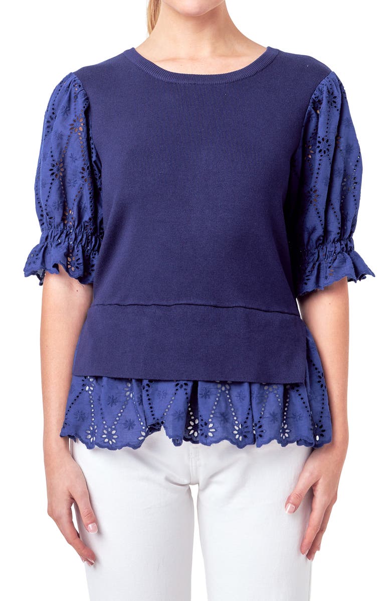 English Factory Mixed Media Eyelet Puff Sleeve Peplum Top, Alternate, color, Navy