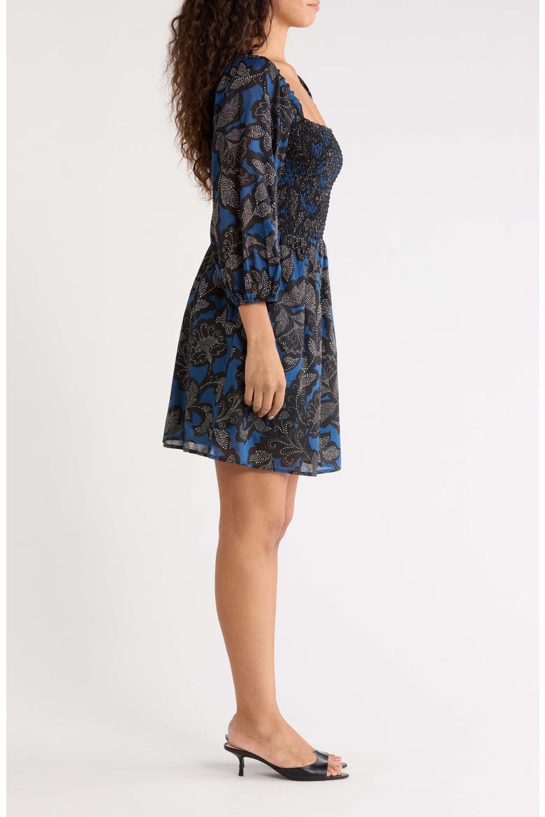 Aurina Floral Smocked Fit & Flare Minidress, Alternate, color, NAVY-BLACK