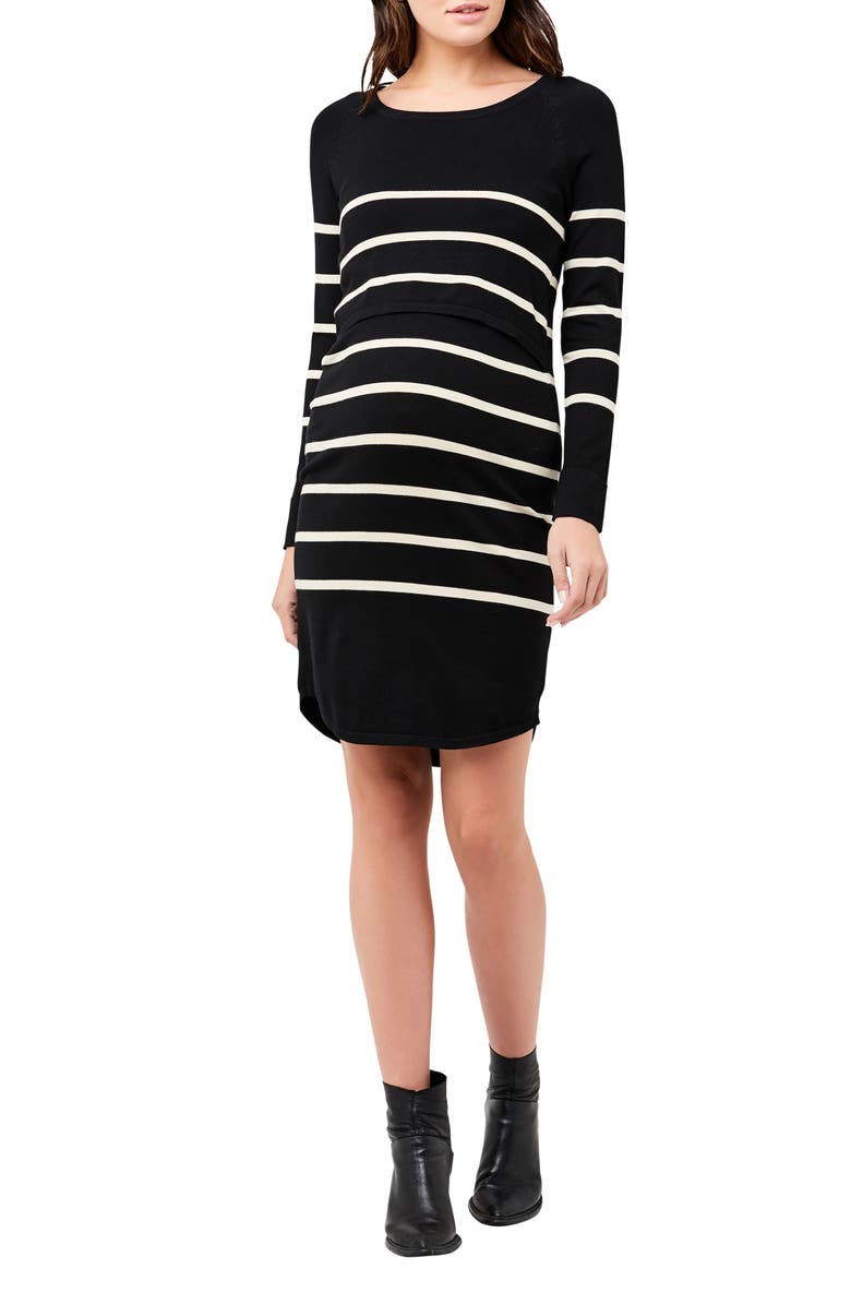 Ripe Maternity Valerie Stripe Long Sleeve Tunic Maternity Sweater Dress, Main, color, 