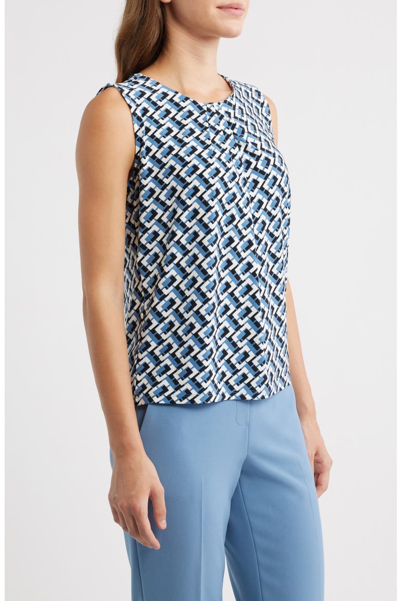 Geometric Print Pleated Neck Shell, Alternate, color, DUTCH BLUE MULTI