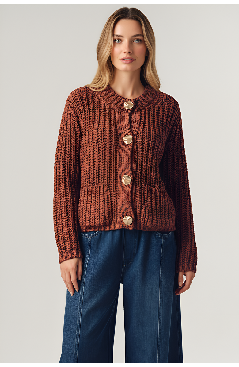 Modenaire Chunky Ribbed Gold-Button Patch-Pocket Cardigan, Main, color, Rust