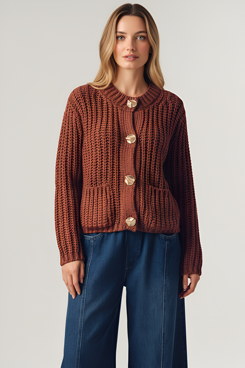 Chunky Ribbed Gold-Button Patch-Pocket Cardigan
