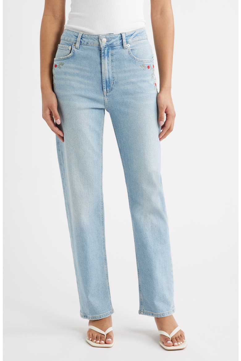 Topanga Floral Embroidered High Waist Straight Leg Jeans, Main, color, DAINTY ROSE