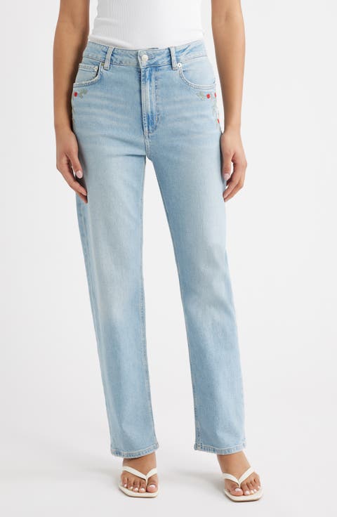 Topanga Floral Embroidered High Waist Straight Leg Jeans (Dainty Rose)