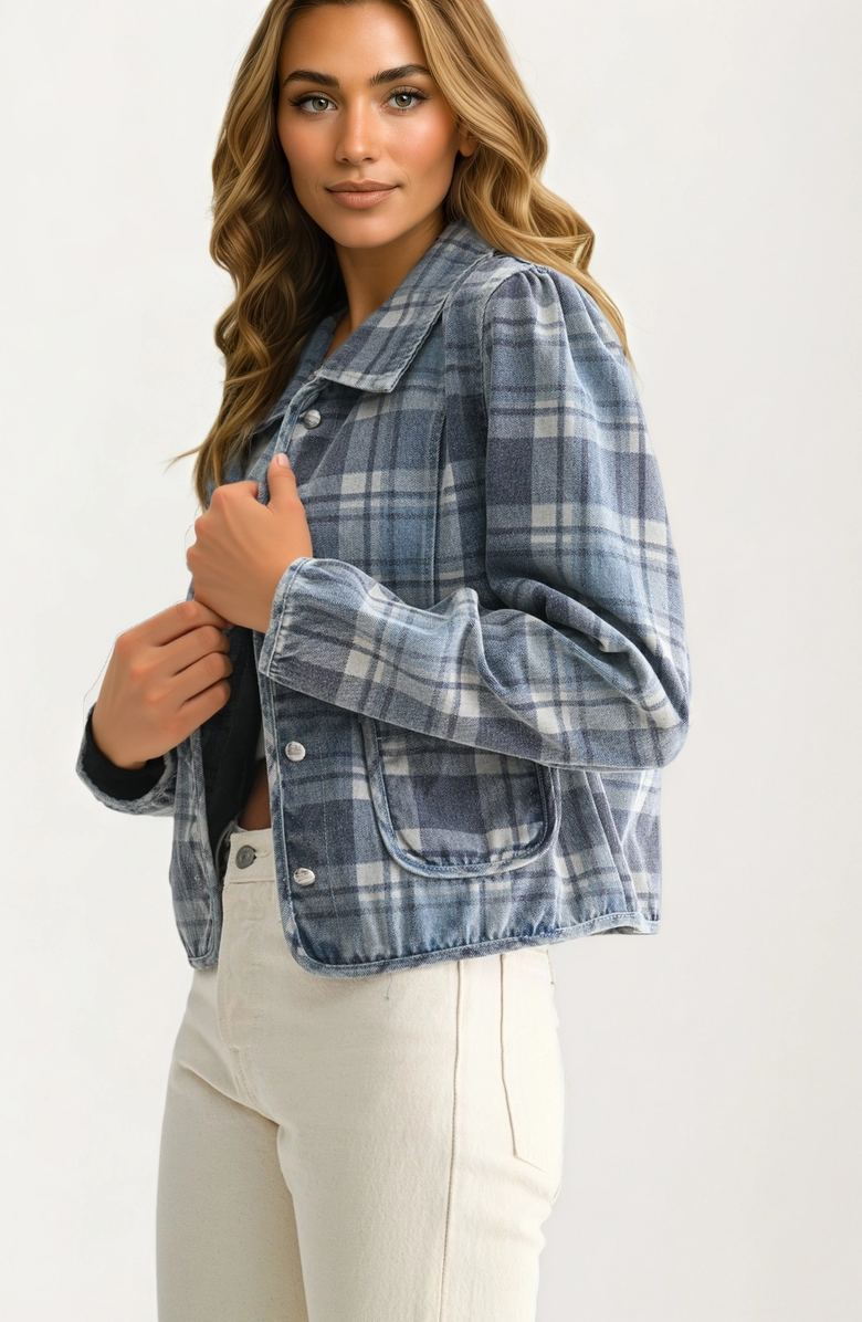 Knit and Lounge Cropped Plaid Button-Front Pocket Detail Jacket, Alternate, color, 