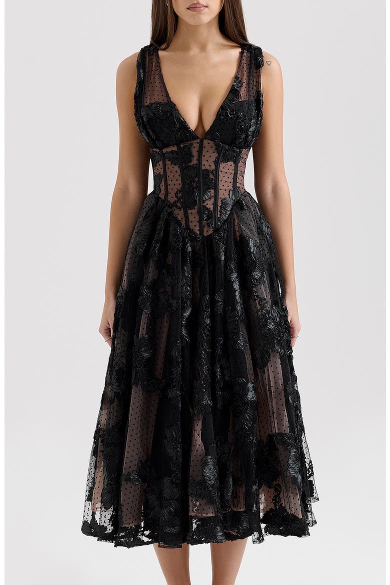 Sianna Lace Corset Cocktail Midi Dress, Main, color, BLACK