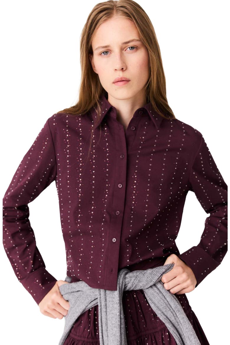 Cropped rhinestone cotton shirt, Alternate, color, Burgundy