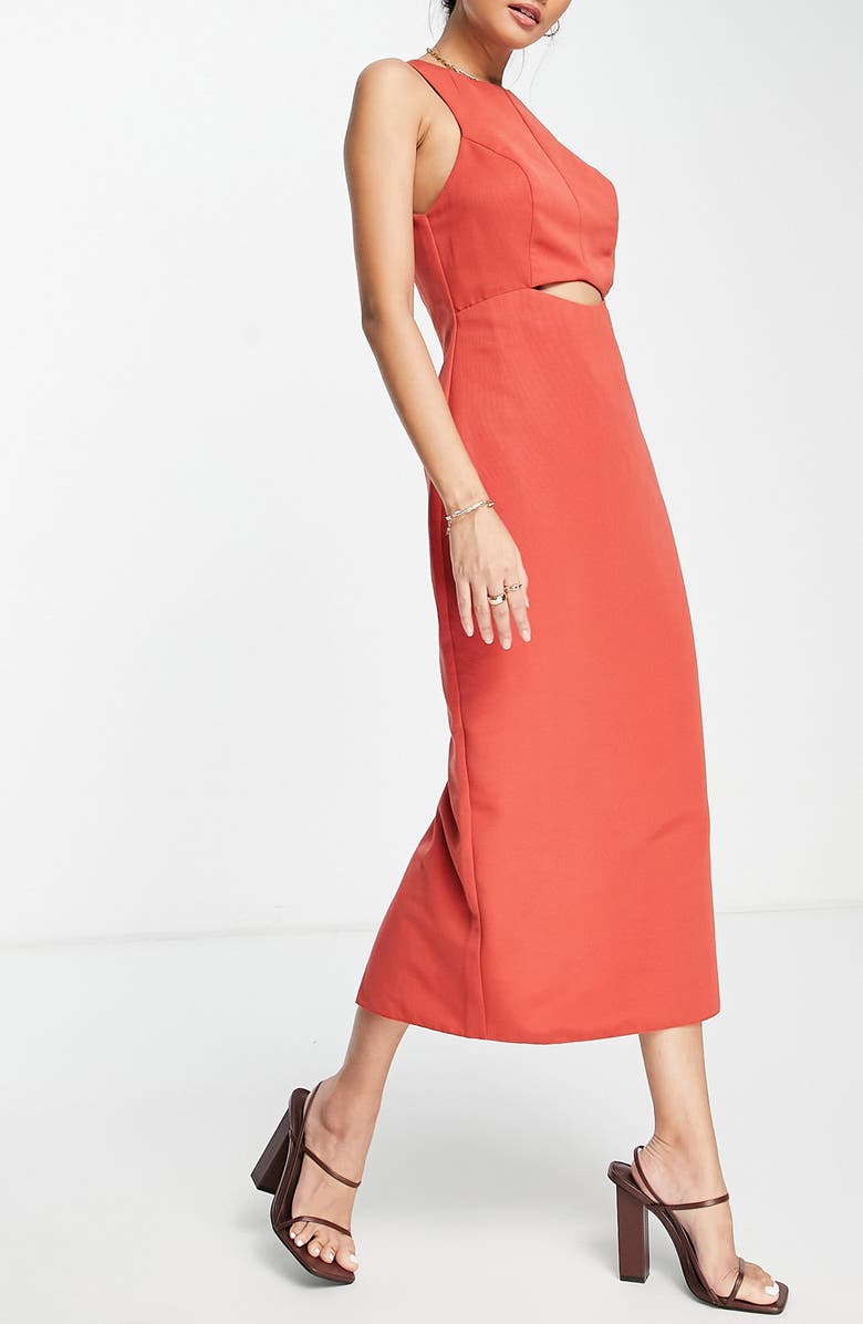 ASOS DESIGN Cutout Midriff Sleeveless Midi Dress, Alternate, color,